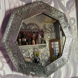 Vintage Mexican Tin Mirror Handcrafted - Hammered Hexagon